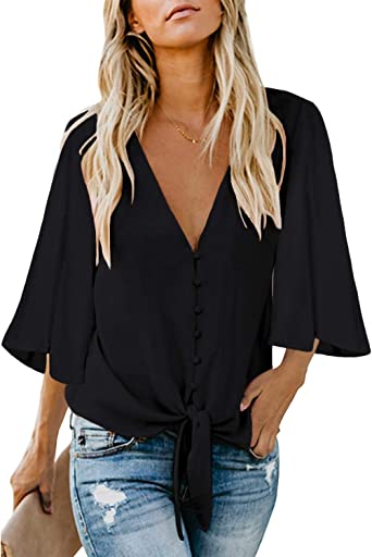 Photo 1 of luvamia Women's Casual V Neck Tops 3/4 Sleeve Tie Knot Blouses Solid Button Down Shirts SIZE LARGE