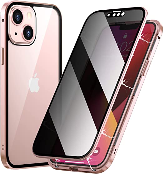 Photo 1 of UMTITI Compatible iPhone 13 (6.1 inch) Case, with Built-in Screen Protector Magnetic Clear Double-Sided Tempered Glass Anti-Spy Anti-Peeping Privacy Cover (Pink)