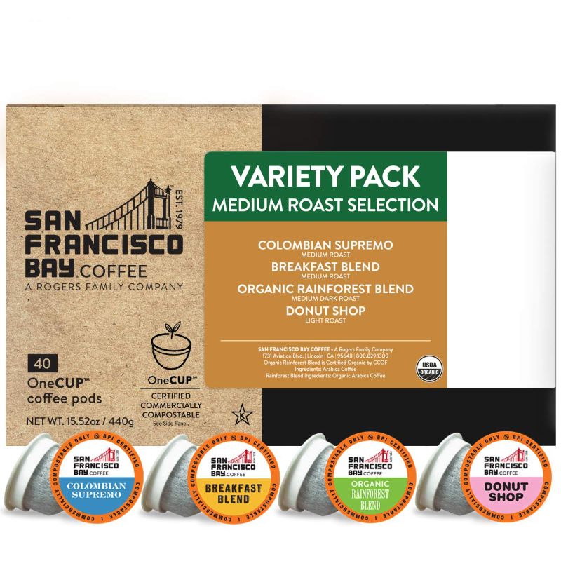 Photo 1 of ** EXP: 21 DEC 2022 **   *** NON-REFUNDABLE **  ** SOLD AS IS **
SF Bay Coffee OneCUP Medium Roast Variety Pack 40 Ct Compostable Coffee Pods, K Cup Compatible including Keurig 2.0
