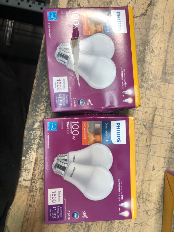 Photo 3 of 2 boxes-Philips LED 100-Watt A19 General Purpose Light Bulb Frosted Soft White Warm Glow Dimmable E26 Medium Base (2-Pack)
