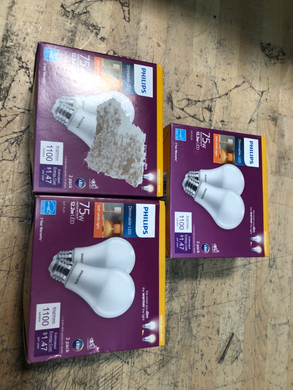 Photo 2 of 3-boxes**Philips LED 75-Watt A19 General Purpose Household Light Bulb Frosted Soft White Warm Glow Dimmable E26 Medium Base (2-Pack)
