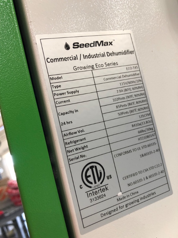 Photo 5 of **PARTS ONLY**BROKEN WHEEL**
 SeedMax 102Pints Greenhouse Steel Commercial Large Industrial Dehumidifier with Hose for Basements,Dehumidifier ETL Listed
