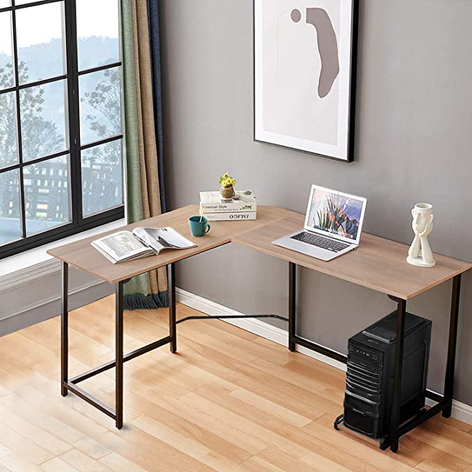 Photo 1 of VECELO Computer Desk L Shaped with CPU Stand/PC Laptop Study Writing Table Workstation for Home Office Wood & Metal,Oak,66"
