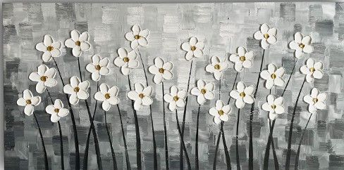 Photo 1 of  3D White Flower Canvas Wall Art Hand Painted Grey Paintings Vertical Artwork for Living Room Bedroom Hallway Decoration (White Flower, 28''H*20''W)