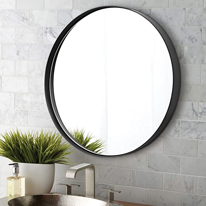 Photo 1 of Clavie Bathroom Mirror, Black Round Mirror 24 inch Wall Mirror Modern Contemporary Circle Mirror Metal Frame Wall Mounted Mirror Decorative for Bedroom, Living Rooms, Entryway and More
