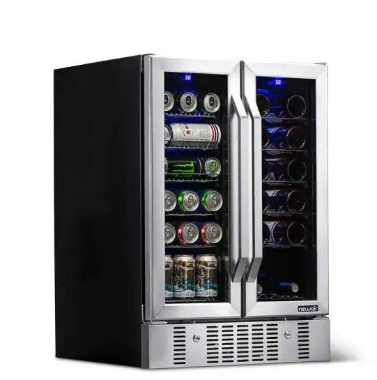 Photo 1 of NewAir Dual Zone 24 in. Built-In 18-Bottle and 58 Can Wine and Beverage Cooler Fridge with French Doors - Stainless Steel