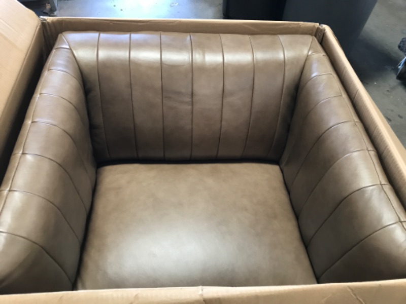 Photo 3 of *CHAIR ONLY MISSING LEGS** Amazon Brand – Rivet Frederick Mid-Century Channel Tufted Leather Chair, 38"W, Taupe
