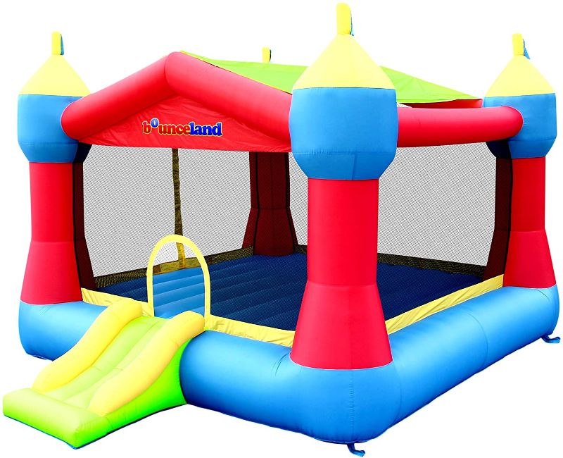 Photo 1 of **DAMAGED SLIT ON PRODUCT*- Bounceland Inflatable Party Castle Bounce House Bouncer, 16 ft L x 13 ft W x 10.3 ft H, Basketball Hoop, Removable Sun Roof, UL Strong Blower included, Fun Slide and Bounce Area, Castle Theme for Kids
