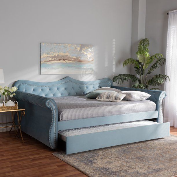 Photo 1 of **** BOX 1 OF A SET***      Baxton Studio Abbie Light Blue Velvet Upholstered and Crystal Tufted Queen Daybed with Trundle