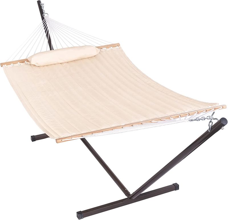 Photo 1 of **MISSING HARDWARE** Lazy Daze Quilted Fabric Hammock with 12 Feet Stand, Double 2 Person Hammock with Pillow for Outdoor Outside Patio Garden Backyard, 450LB Capacity, Beige
