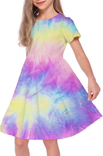 Photo 1 of Girls Tie Dye Dress Clothes Kids Short Sleeve School Twirly Skater Dress Size 5-12 Years