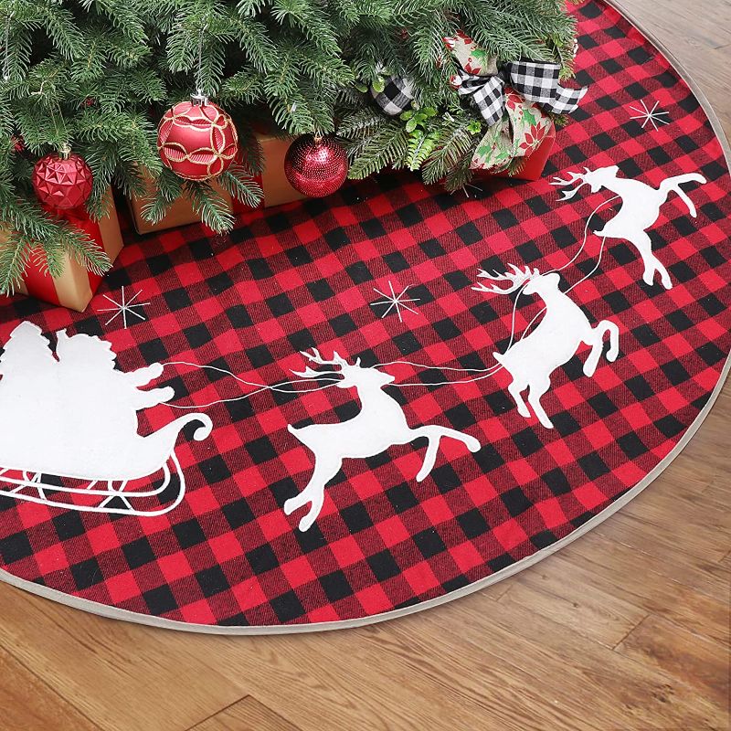 Photo 1 of  48 Inches Buffalo Plaid Christmas Tree Skirt, Buffalo Plaid Tree Skirt with Santa Reindeer for Christmas Decorations Holiday Party Ornaments