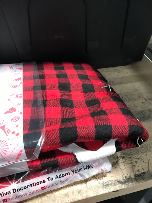 Photo 1 of  48 Inches Buffalo Plaid Christmas Tree Skirt, Buffalo Plaid Tree Skirt with Santa Reindeer for Christmas Decorations Holiday Party Ornaments