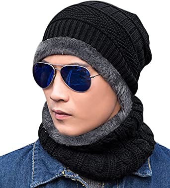 Photo 1 of Winter Beanie Hats Scarf Set Thick Warm Slouchy Beanies Hat Knit Skull Cap Neck Warmer for Men Women