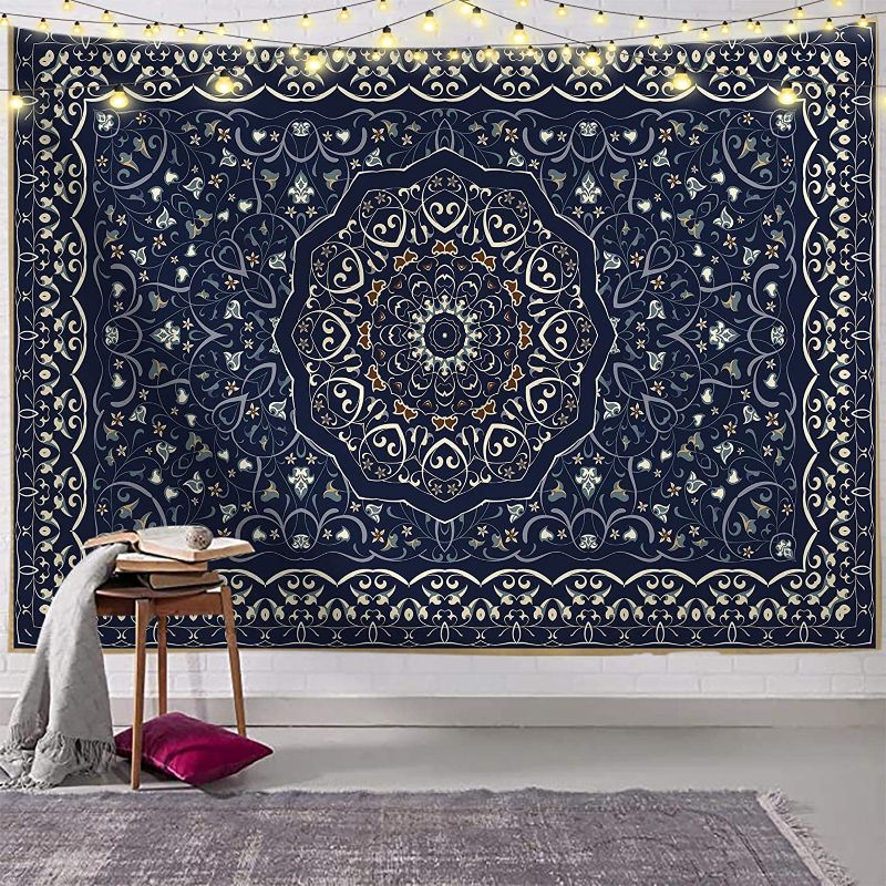 Photo 1 of Wall Tapestry Bohemian Mandala Wall Hanging Tapestries, Blue Sketched Floral Medallion Tapestry, Indian Art Print Mural Tapestry aesthetic for Bedroom, Living Room, Wall Decor (51.2x59.1 Inches, 130x150 cm)-Royal Blue
