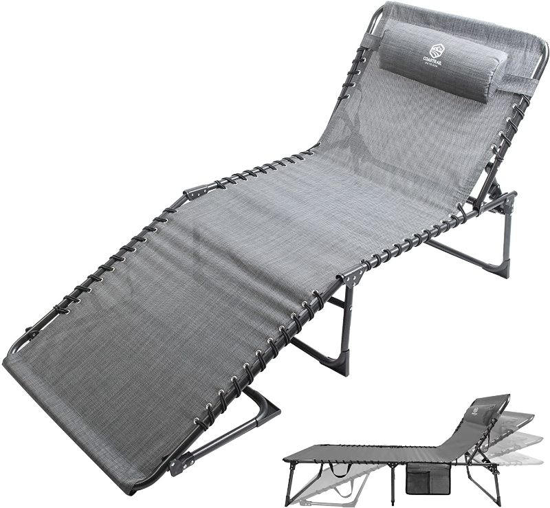 Photo 1 of ***PARTS ONLY*** Coastrail Outdoor Folding Chaise Lounge Chair 28 inch Wide, 4 Position Recline Textilene Waterproof Patio Chaise with Pocket and Pillow for Beach,Tanning, Lawn, Supports 400lbs, Grey
