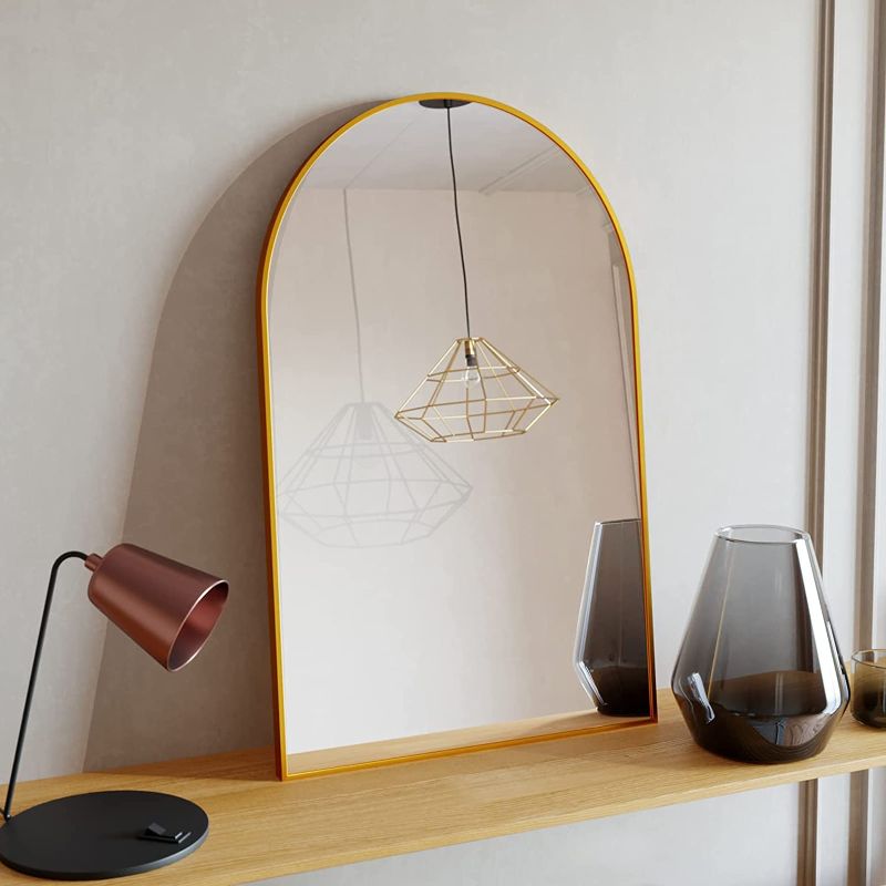 Photo 1 of BEAUTYPEAK Wall Mounted Mirror, 26 inch x38 inch Arch Bathroom Mirror, Gold Vanity Wall Mirror w/ Metal Frame for Bedroom, Entryway, Living Room
