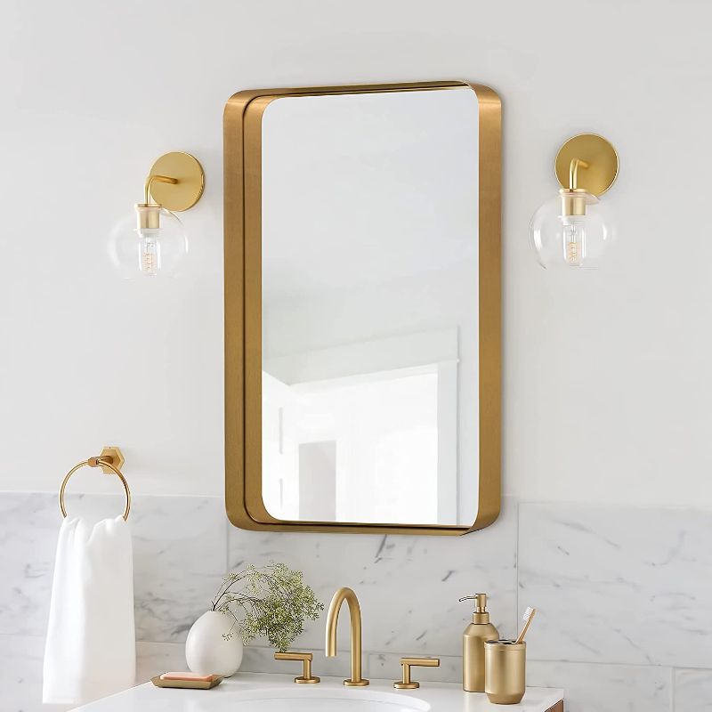 Photo 1 of ANDY STAR Gold Rectangle Bathroom Mirror for Wall, 24x36” Brass Metal Rounded Corner Rectangle Mirror, Premium Deep 2” Stainless Steel Frame