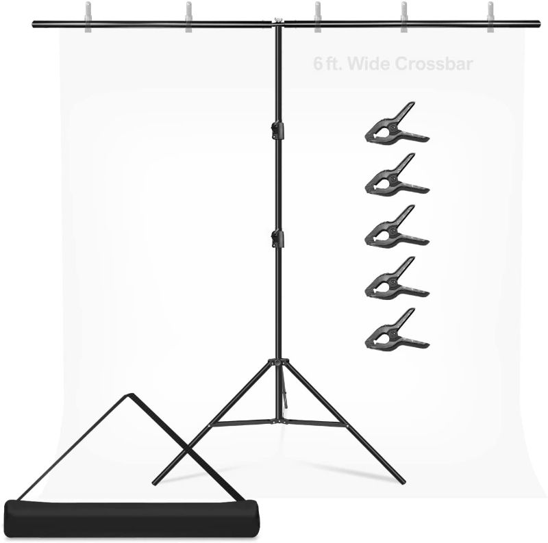 Photo 1 of LimoStudio 6 ft. Wide T-Shape Portable Backdrop Stand, 8.5 ft. Tall Adjustable Background Support System Kit with Spring Clamp, Carry Bag for Photography Photo Video Studio, Party, Birthday, AGG3174
