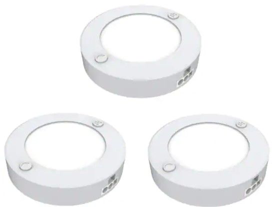 Photo 1 of 3 in. Plug-in White Linkable Onesync Under Cabinet Integrated LED Puck Light with Color Changing CCT (3-Pack)
