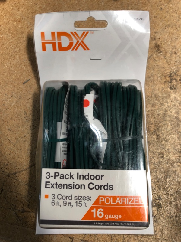 Photo 1 of  HDX 3-Pack Indoor Extension Cords 16 Gauge Polarized 6ft, 9ft, 15ft