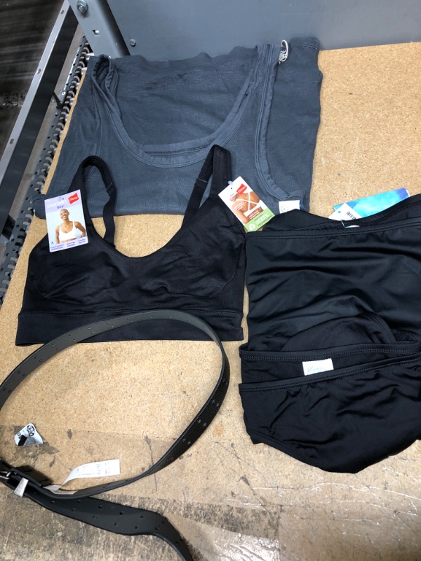 Photo 1 of 5 ITEMS, WOMENS SIZE LARGE BUNDLE: 2 BLACK BIKINI BOTTOMS, BELT, BRALETTE, AND TANK TOP