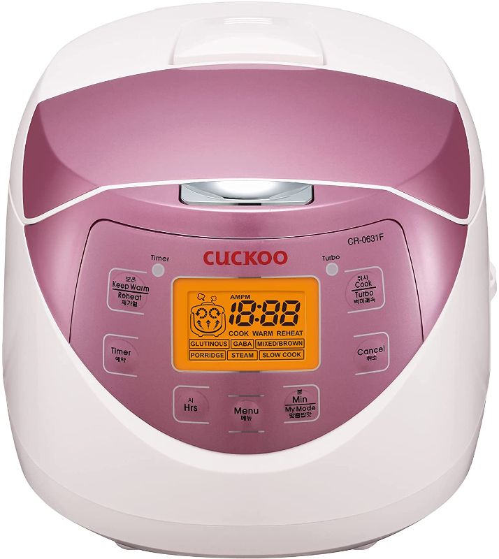 Photo 1 of CUCKOO CR-0631F | 6-Cup (Uncooked) Micom Rice Cooker | 8 Menu Options: White Rice, Brown Rice & More, Nonstick Inner Pot, White/Pink
