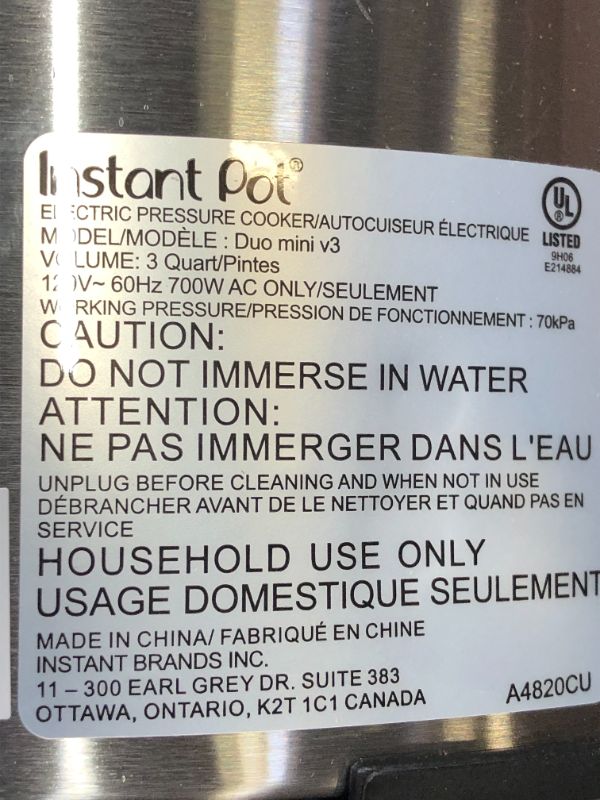 Photo 6 of Instant Pot Duo 7-in-1 Electric Pressure Cooker, Slow Cooker, Rice Cooker, Steamer, Sauté, Yogurt Maker, Warmer & Sterilizer, 3 Quart, Stainless Steel/Black
(MISSING TOP VALVE)
