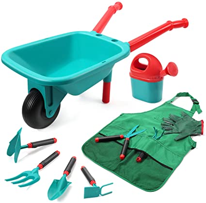 Photo 1 of Kids Gardening Tool Set, Garden Toys with Wheelbarrow, Watering Can, Gardening Gloves, Hand Rake, Shovel, Trowel, Double Hoe, Apron with Pockets, Outdoor Indoor Toys Gift for Boys Girls