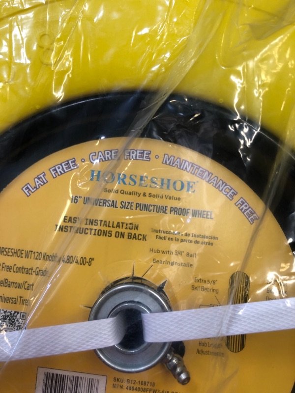 Photo 1 of 2 New HORSESHOE 4.80/4.00-8 Flat-Free Wheelbarrow Cart 16" Universal Cross Yellow Wheels, Center Hub Length 3"-6", Installed 5/8" Ball Bearing with Extra 3/4" Bearing
