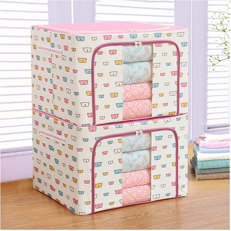 Photo 1 of  100L Foldable Storage Box, Large Capacity Clothes Storage Box with Steel Frame Support, Stacking Container, Clothes Storage Box with Transparent Window and Carry Handles (100L, 2 x Pink Bear)
