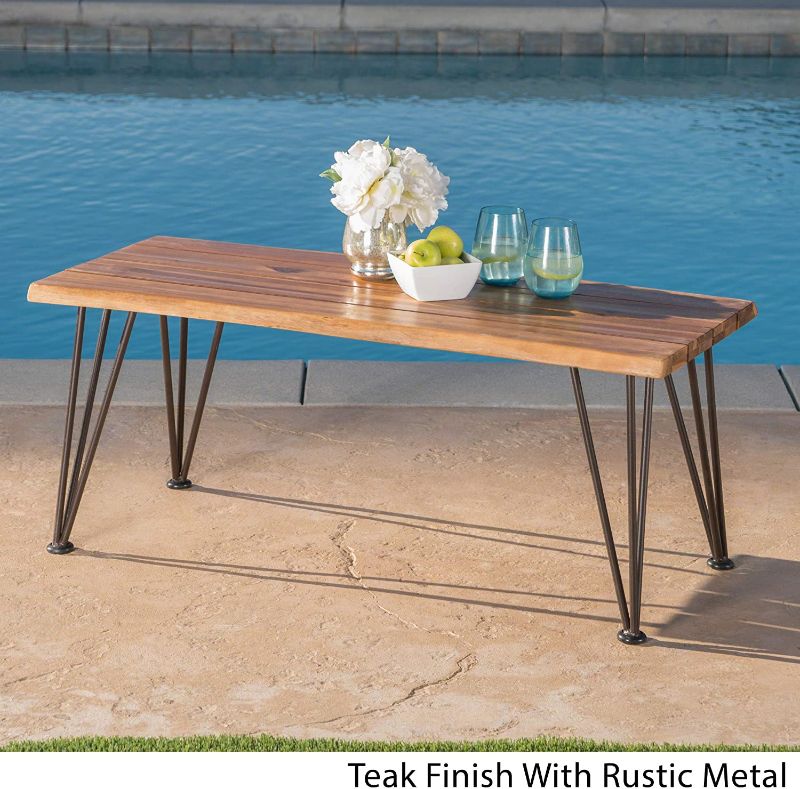 Photo 1 of  Home Zion Outdoor Industrial Iron and Teak Finished Acacia Wood Coffee Table, Teak Finish With Rustic Metal
