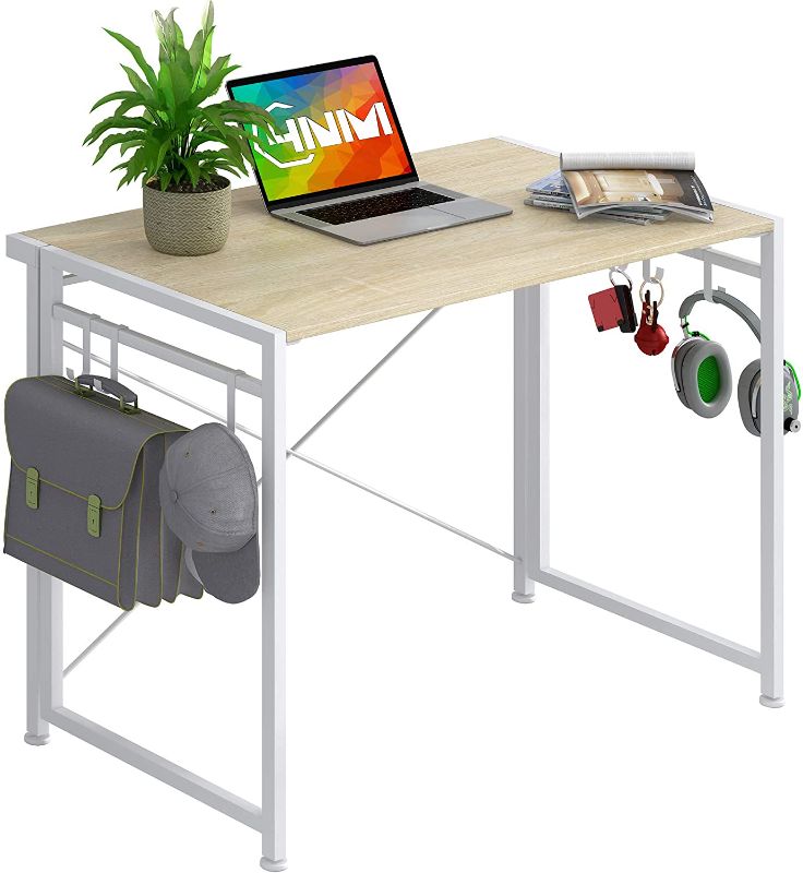 Photo 1 of 4NM 35.4" Small Desk with 8-Hook No-Assembly Folding Computer Desk Home Office Desk Laptop Study Writing Table - Natural and Hook
