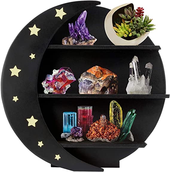 Photo 1 of RNOONY Crscent Moon Shelf for Crystals| X Large - Boho Shelves Essential Oil Shelf, Wooden Moon Shelf, Crystal Display Shelf, Moon Decor, Wiccan Decor, (Black)
