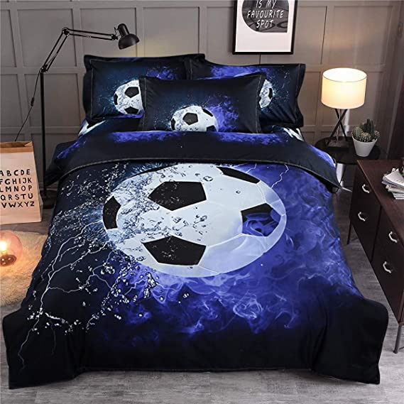 Photo 1 of Blue Flame Soccer Duvet Cover Set for Children Boys 3D Printed Football Quilt Cover Set with 2 Pillowcases Fire and Ice Bedding Set with Zipper Closure Queen Size 90" X 90"(Not Comforter)
