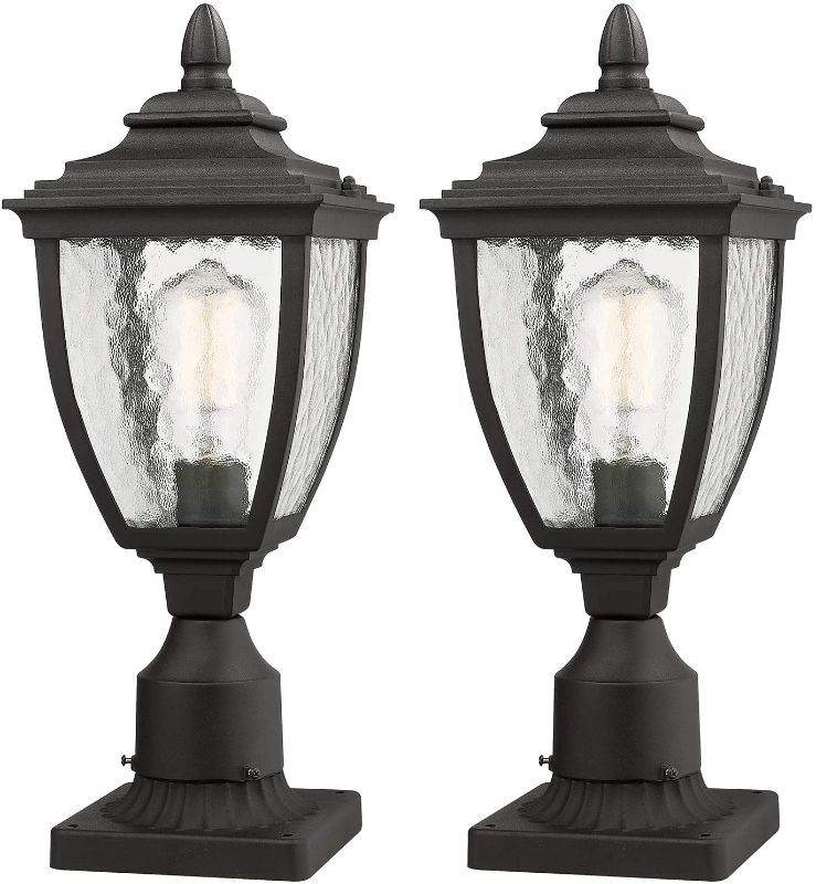 Photo 1 of Beionxii Outdoor Post Lanterns | Set of 2 Exterior Post Light Fixture with 3-Inch Pier Mount Base, Sand Textured Black Die-cast Aluminum with Water Glass(7"W x 18.5"H)
