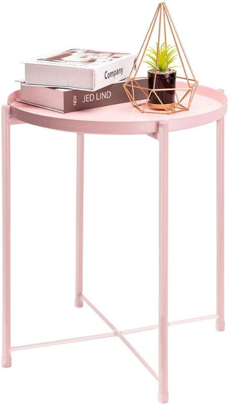 Photo 1 of danpinera Tray Metal End Table, Small Round Side Table Sofa Side Table Round Metal Nightstand, Outdoor Side Table Indoor Snack Table Accent Coffee Table Anti-Rust and Waterproof Light Pink
