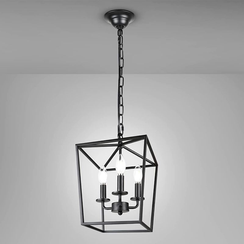 Photo 1 of Ascher 3 Lights Lantern Pendant Light, Industrial Vintage Iron Cage, Hanging Lantern Chandelier for Dining Room Kitchen, Matte Black Finish, E12 Base(Bulbs Not Included)
