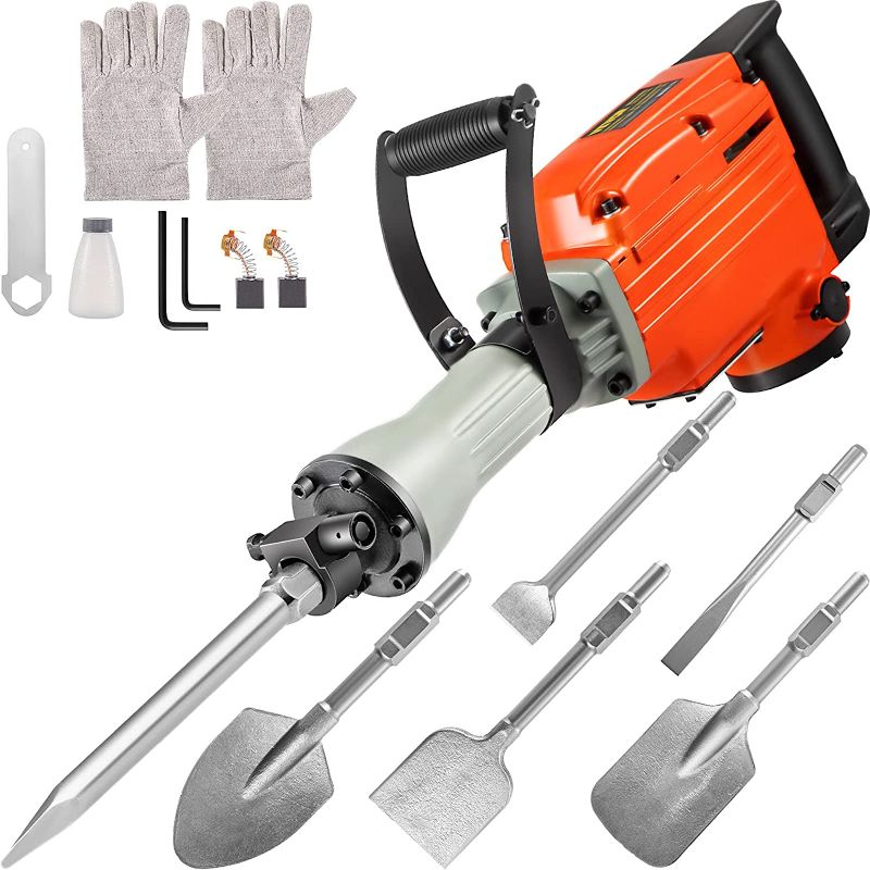 Photo 1 of VEVOR Demolition Jack Hammer 3600W Jack Hammer Concrete Breaker 1800 BPM Heavy Duty Electric Jack Hammer 6pcs Chisels Bit w/Gloves & 360°Swiveling Front Handle for Trenching, Chipping, Breaking Holes
