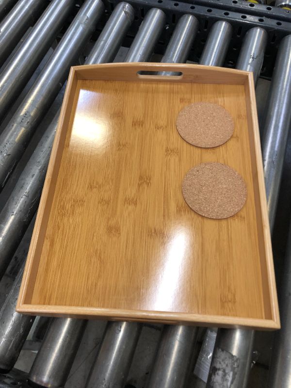 Photo 1 of BAMEOS Serving Tray with Handle Bamboo Bed Tray with Two Coasters