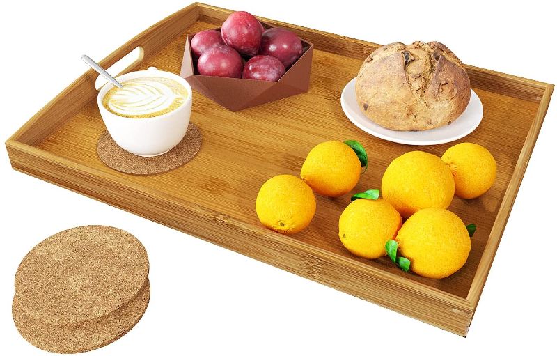 Photo 1 of BAMEOS Serving Tray with Handle Bamboo Bed Tray with Two Coasters