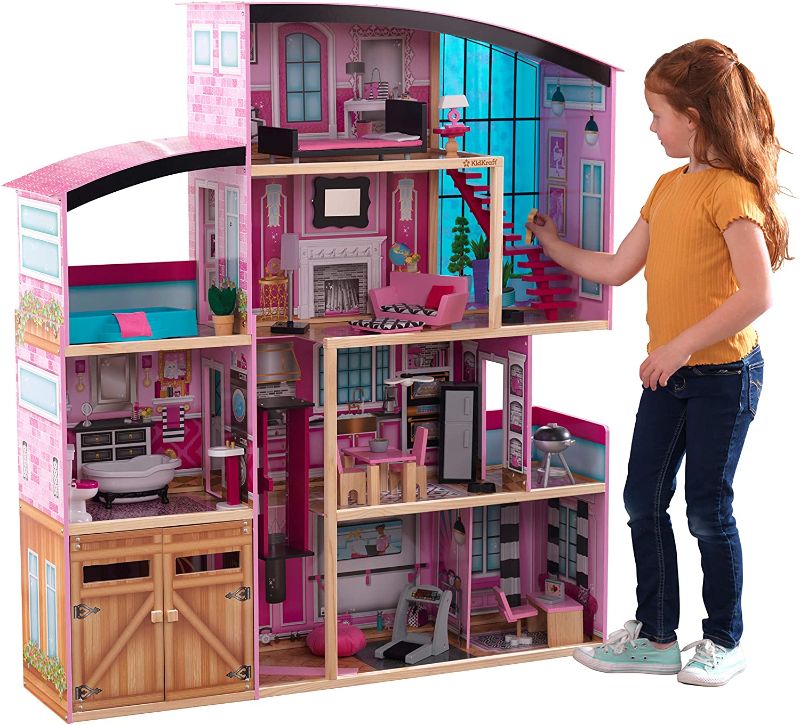 Photo 1 of KidKraft Shimmer Mansion Wooden Dollhouse for 12-Inch Dolls with Lights & Sounds and 30-Piece Accessories, Gift for Ages 3+ , Pink
