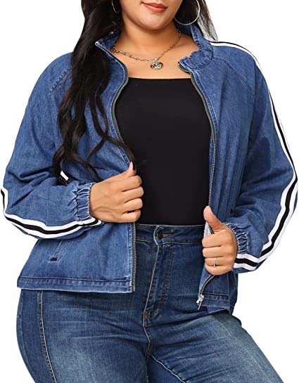 Photo 1 of Agnes Orinda Women's Plus Size Denim Jackets Zip Up Stand Collar Sport Jean Jacket (1X)
