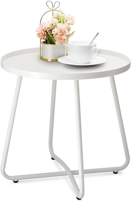 Photo 1 of danpinera Outdoor Side Tables, Weather Resistant Steel Patio Side Table, Small Round Outdoor End Table Metal Side Table for Patio Yard Balcony Garden Bedside White
