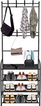 Photo 1 of Entryway Coat Rack, Hall Tree with 4-tier Storage Shelf and 8 removable Hooks Easy Assemble Coat Shoe Rack Composed of Quality Alloy Tubes and Non-Woven Fabric(Black)

