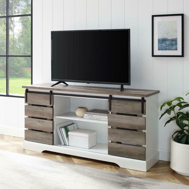 Photo 1 of 58" Farmhouse Sliding Slat Door TV Console - Grey Wash
