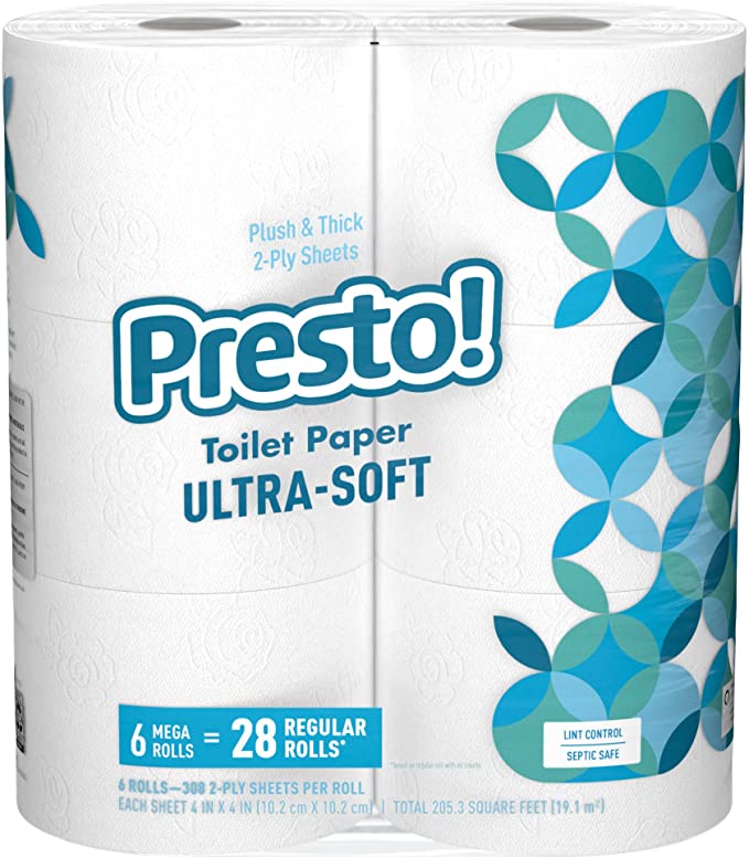 Photo 1 of Amazon Brand - Presto! 308-Sheet Mega Roll Toilet Paper, Ultra-Soft, 6 Count, Pack of 1
