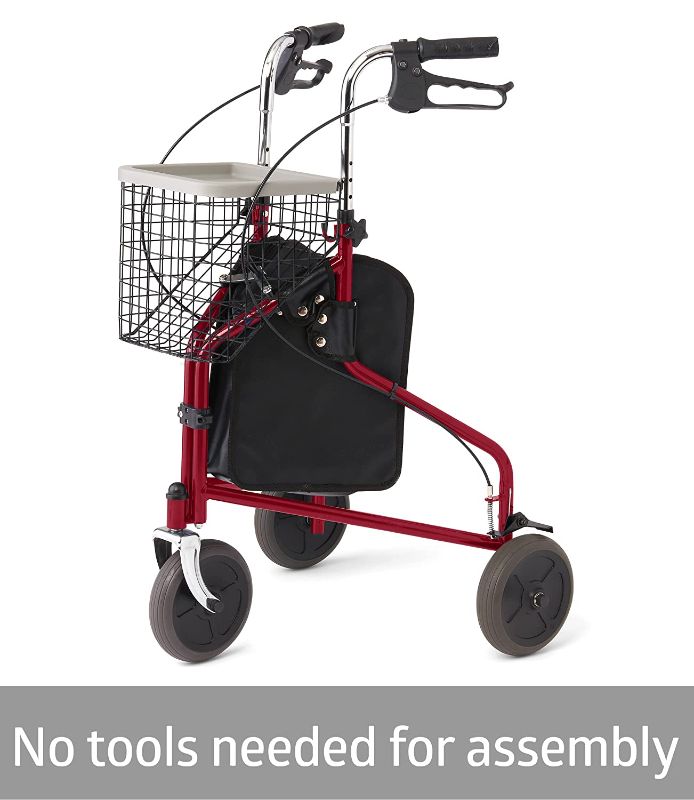 Photo 1 of Medline 3-Wheel Ultralight Rollator, Steel Frame, Includes Wire Basket and Storage Bag, Supports up to 275 lbs, 8" wheels, Red
