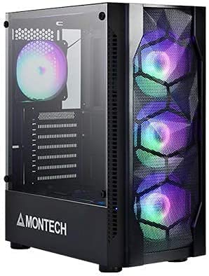 Photo 1 of Montech X1 Black - Compact ATX Mid Tower Case - High Airflow, Front Mesh Ventilation, Tempered Glass Side Panel, Pre-Installed 4 x 120mm Autoflow Rainbow LED Fans
