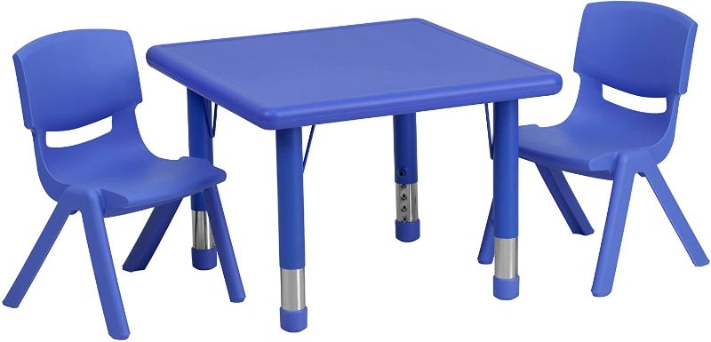 Photo 1 of Flash Furniture 24'' Square Blue Plastic Height Adjustable Activity Table Set with 2 Chairs (DOES NOT INCLUDE TABLE, ONLY LEG AND CHAIRS)
